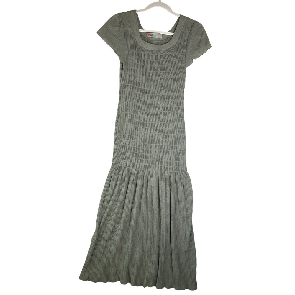 Free People Beach FP Ruched Maxi Green Short Sleeve Dress Gauzy Linen Blend XS